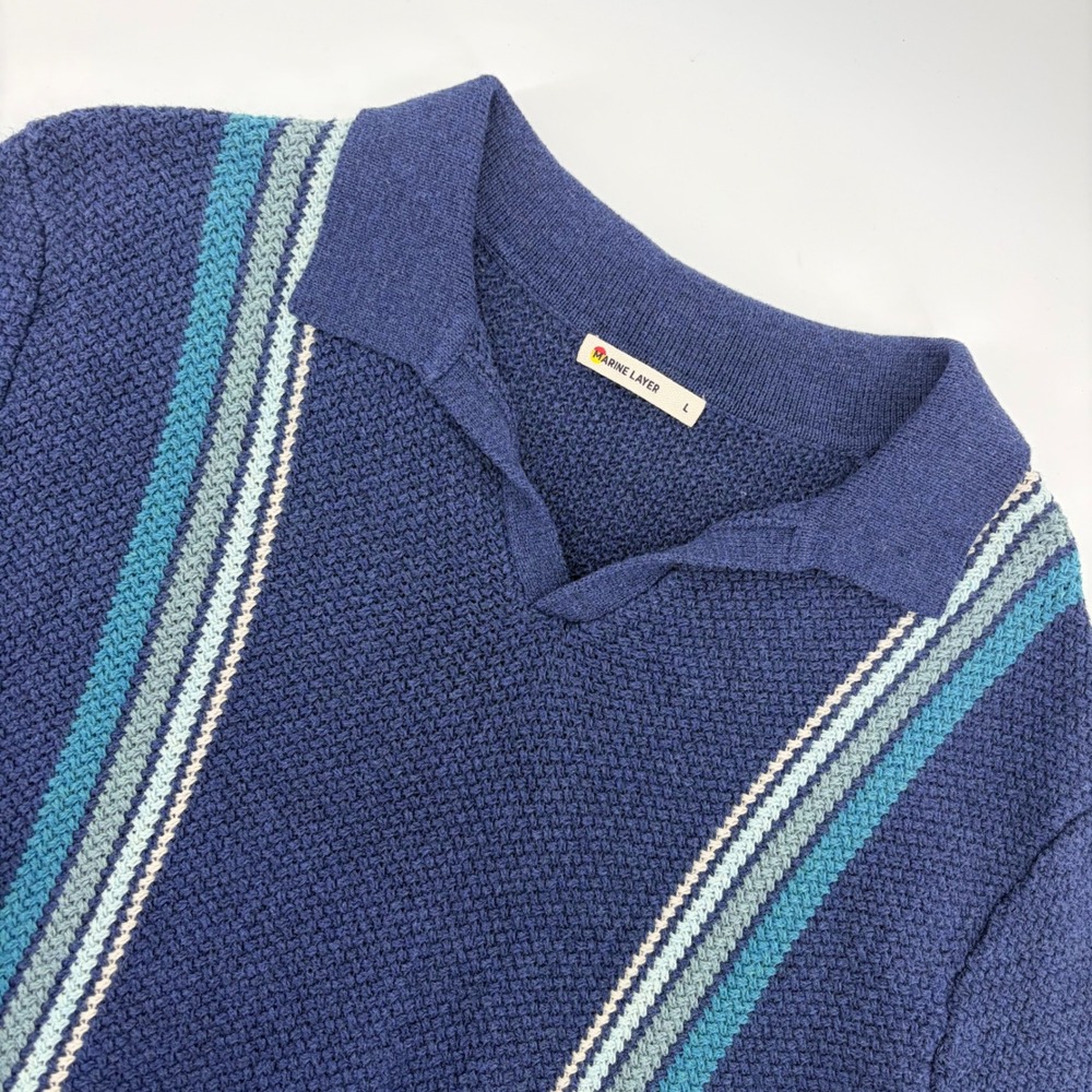 Marine Layer Conrad Sweater Polo Men's Large Blue Striped Knit Short-Sleeve